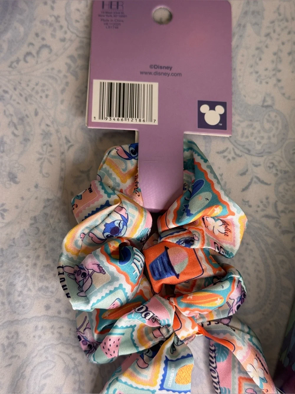 Disney Stitch Scalp Massager, Detangler Brush, and Metal Stich on Satin Scrunch